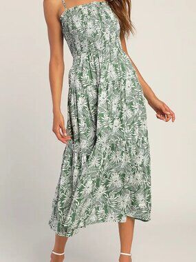 LULUS Midi Dress Find Me In The Tropics Green Leaf Print Smocked XS  Boho Summer